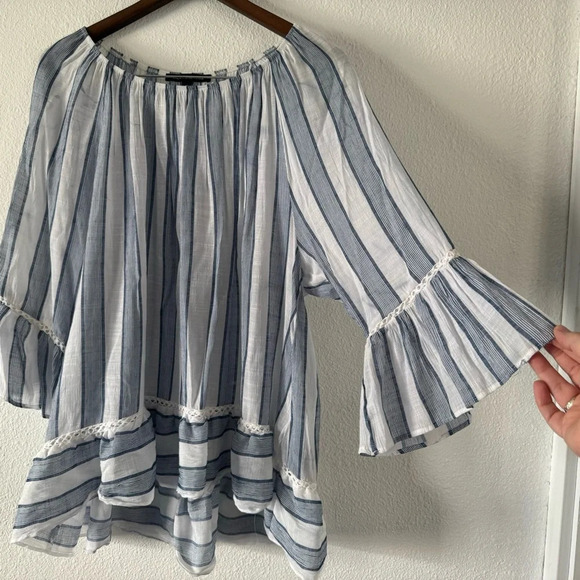Off The Shoulder Stripe Eyelet Bell Sleeve Zac & Rachel Size 2X Plus Blouse - Picture 2 of 11